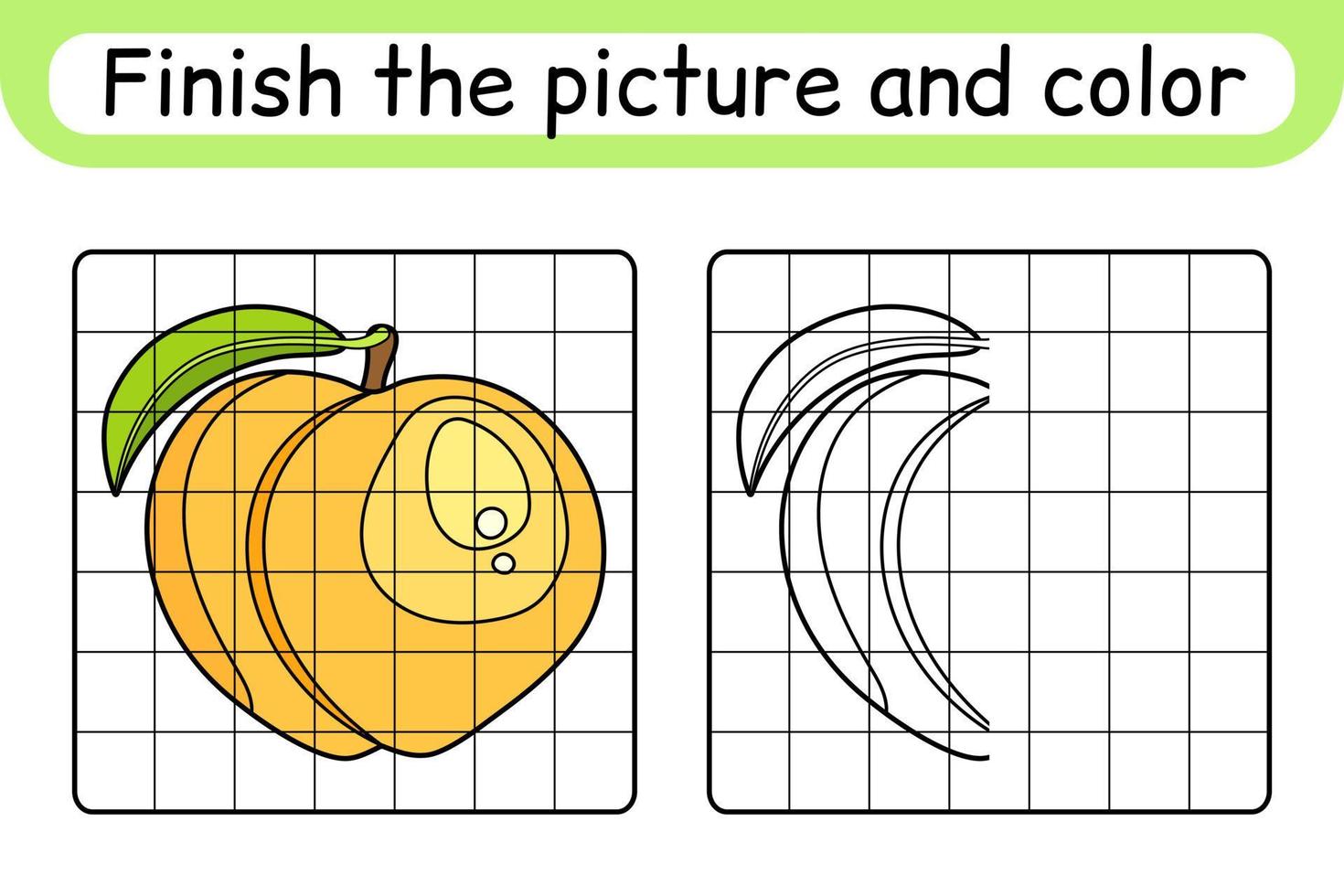 Complete the picture peach. Copy the picture and color. Finish the image. Coloring book. Educational drawing exercise game for children vector