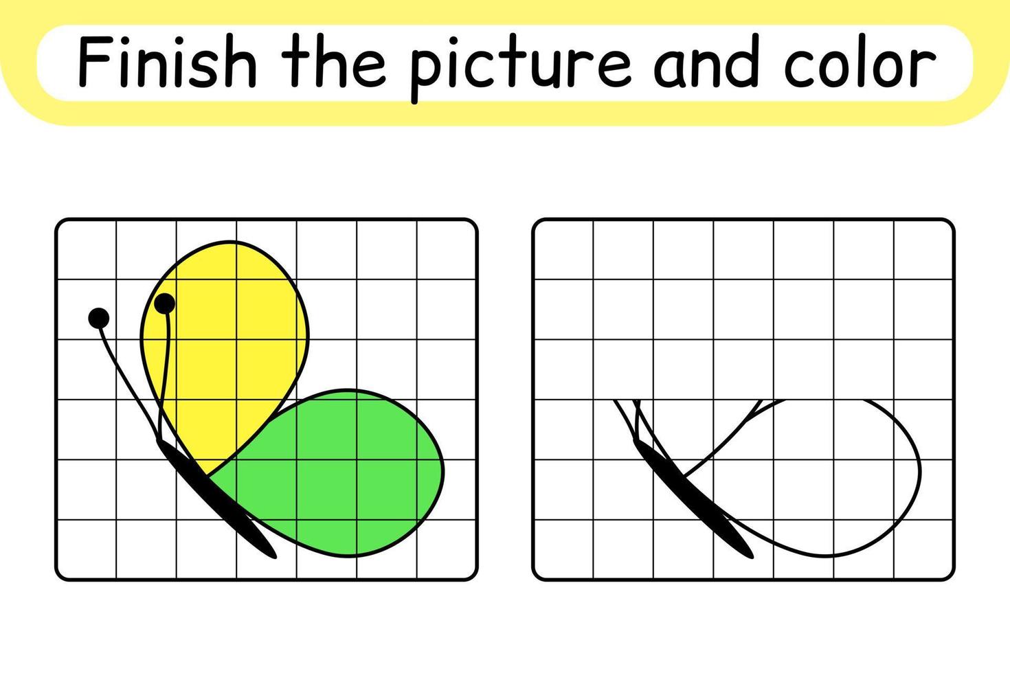 Complete the picture butterfly. Copy the picture and color. Finish the image. Coloring book. Educational drawing exercise game for children vector