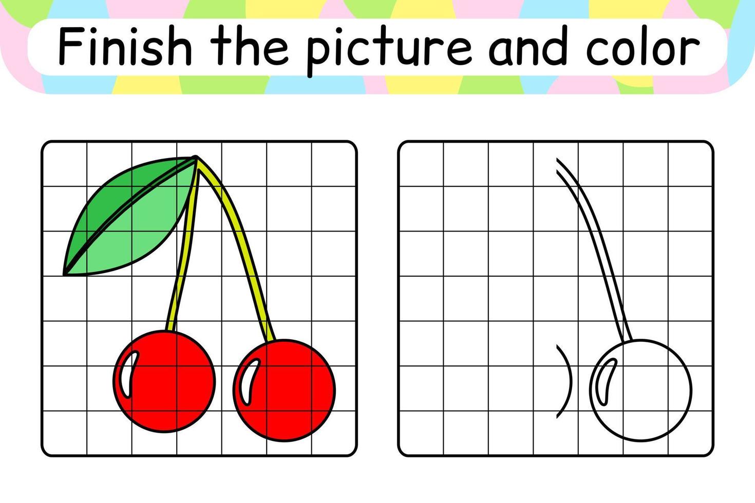 completa el cuadro cereza. copiar la imagen y el color. terminar la imagen. libro de colorear. juego educativo de ejercicios de dibujo para niños vector