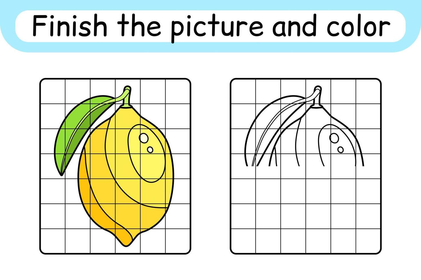Complete the picture lemon. Copy the picture and color. Finish the image. Coloring book. Educational drawing exercise game for children vector