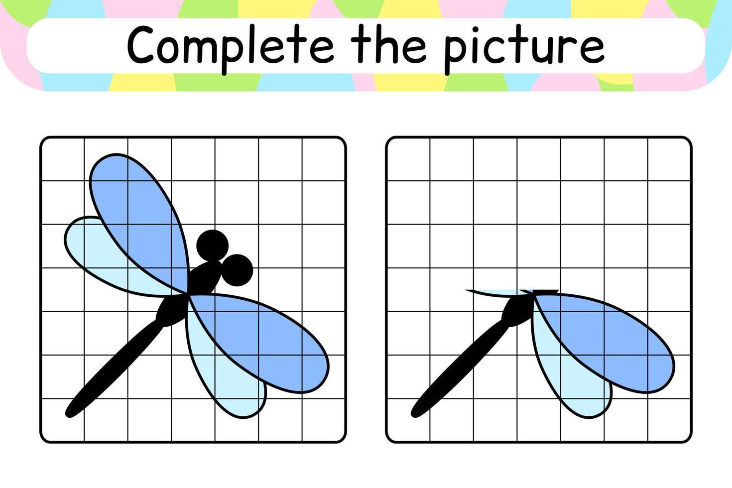 completa la imagen libélula. copiar la imagen y el color. terminar la imagen. libro de colorear. juego educativo de ejercicios de dibujo para niños vector