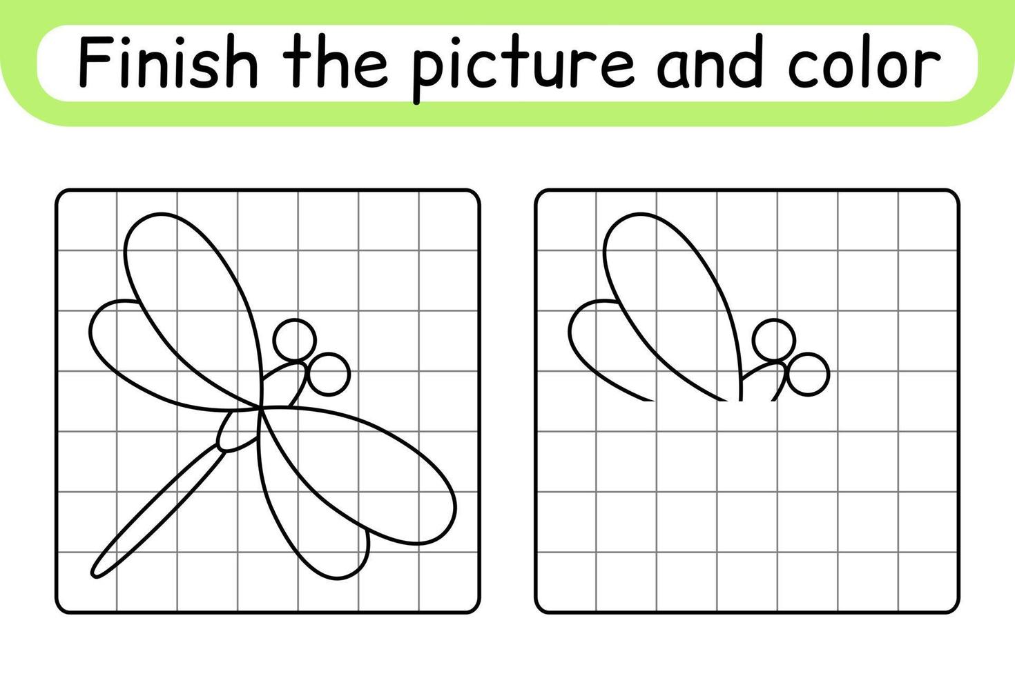 completa la imagen libélula. copiar la imagen y el color. terminar la imagen. libro de colorear. juego educativo de ejercicios de dibujo para niños vector