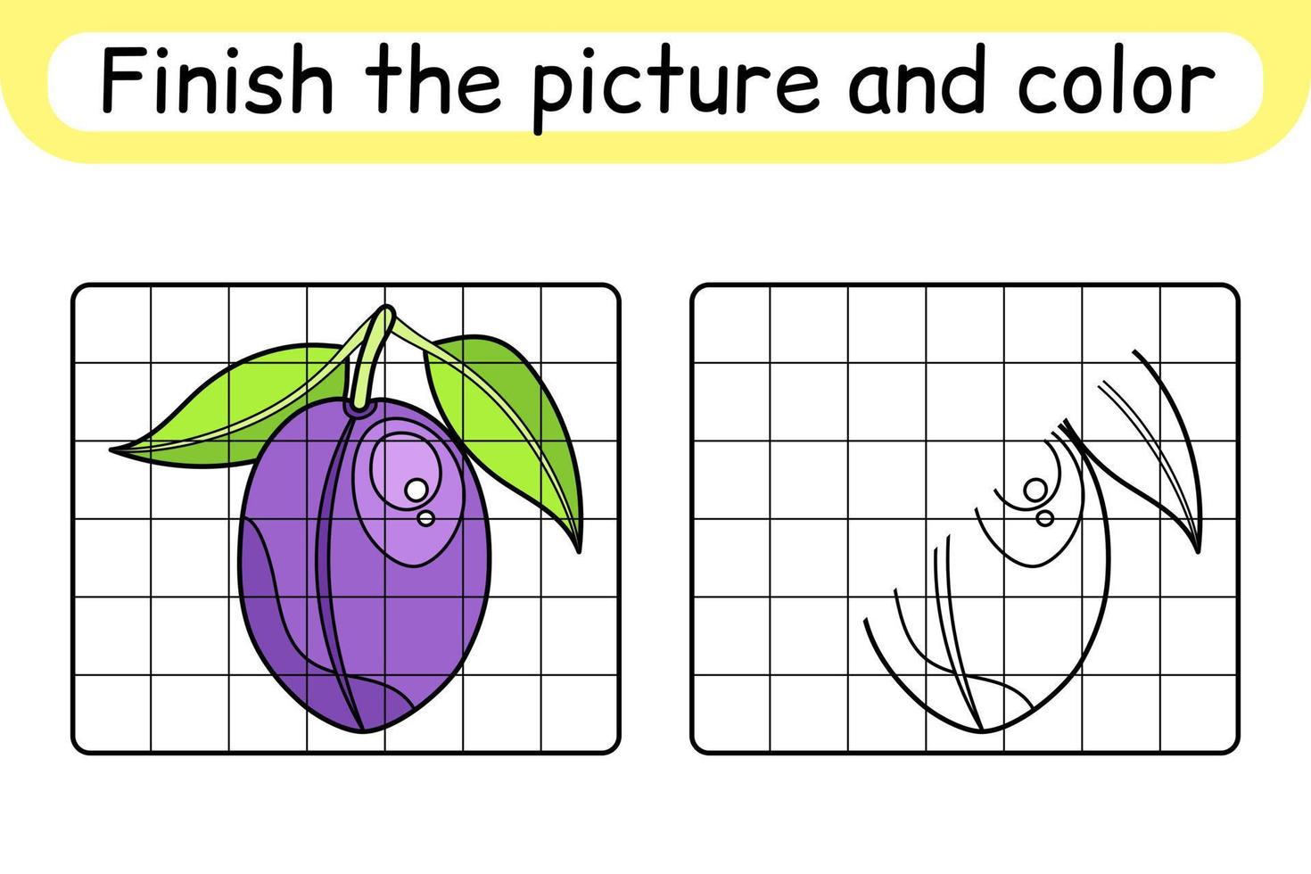 Complete the picture plum. Copy the picture and color. Finish the image. Coloring book. Educational drawing exercise game for children vector