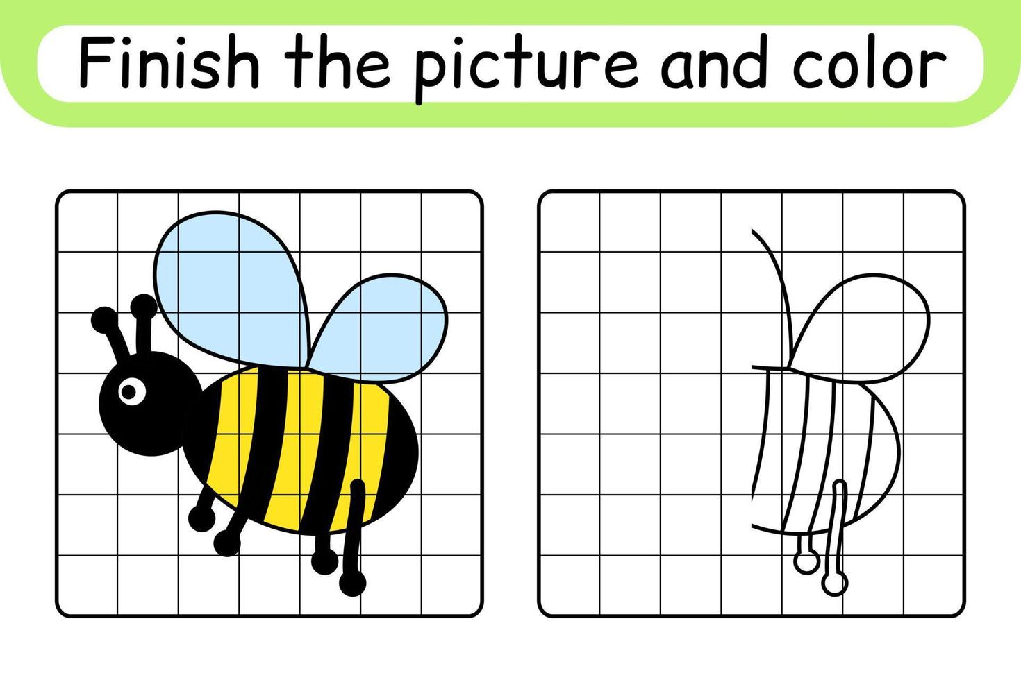 completa la imagen de la abeja. copiar la imagen y el color. terminar la imagen. libro de colorear. juego educativo de ejercicios de dibujo para niños vector