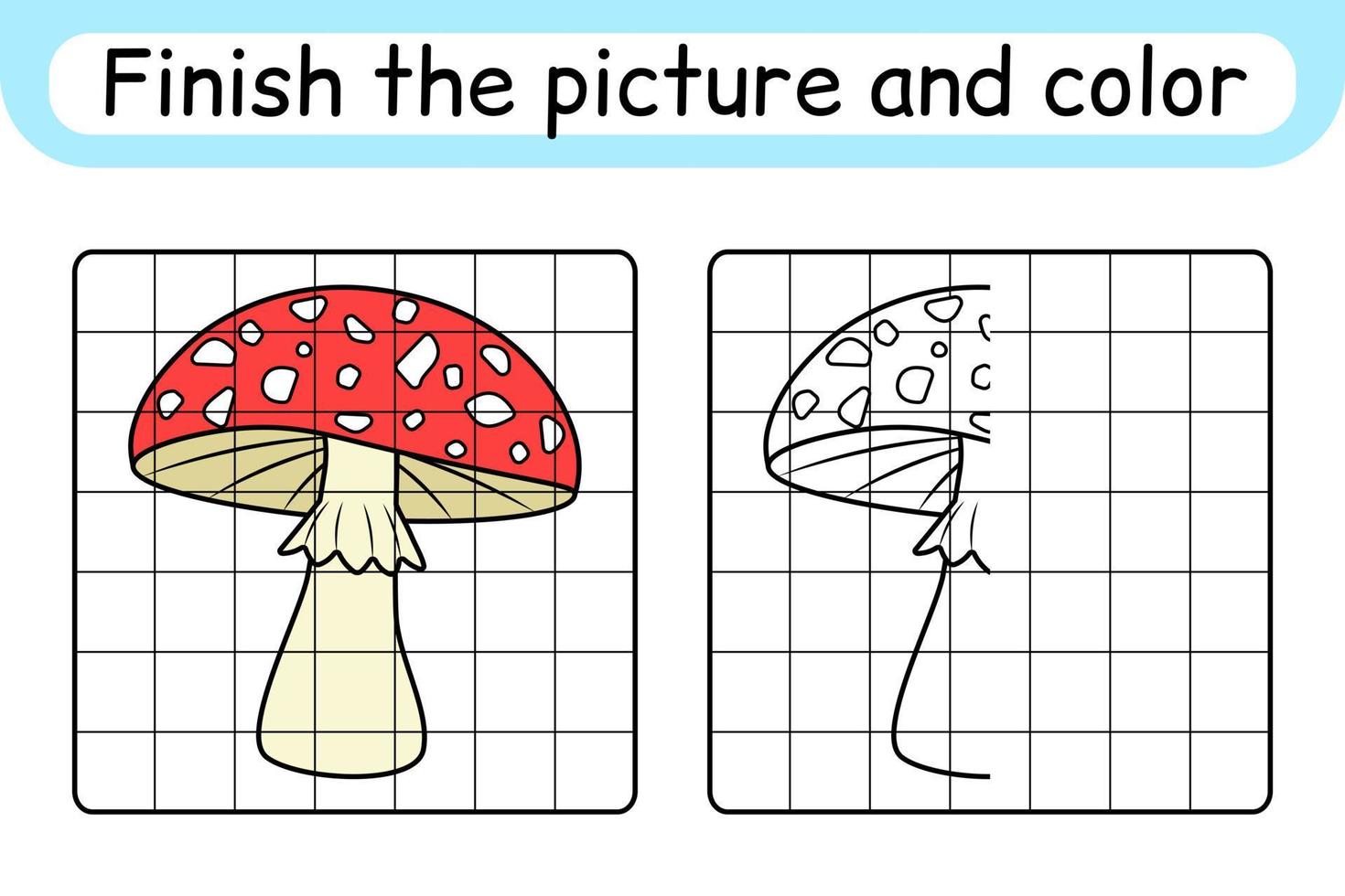 completa el cuadro hongo amanita. copiar la imagen y el color. terminar la imagen. libro de colorear. juego educativo de ejercicios de dibujo para niños vector