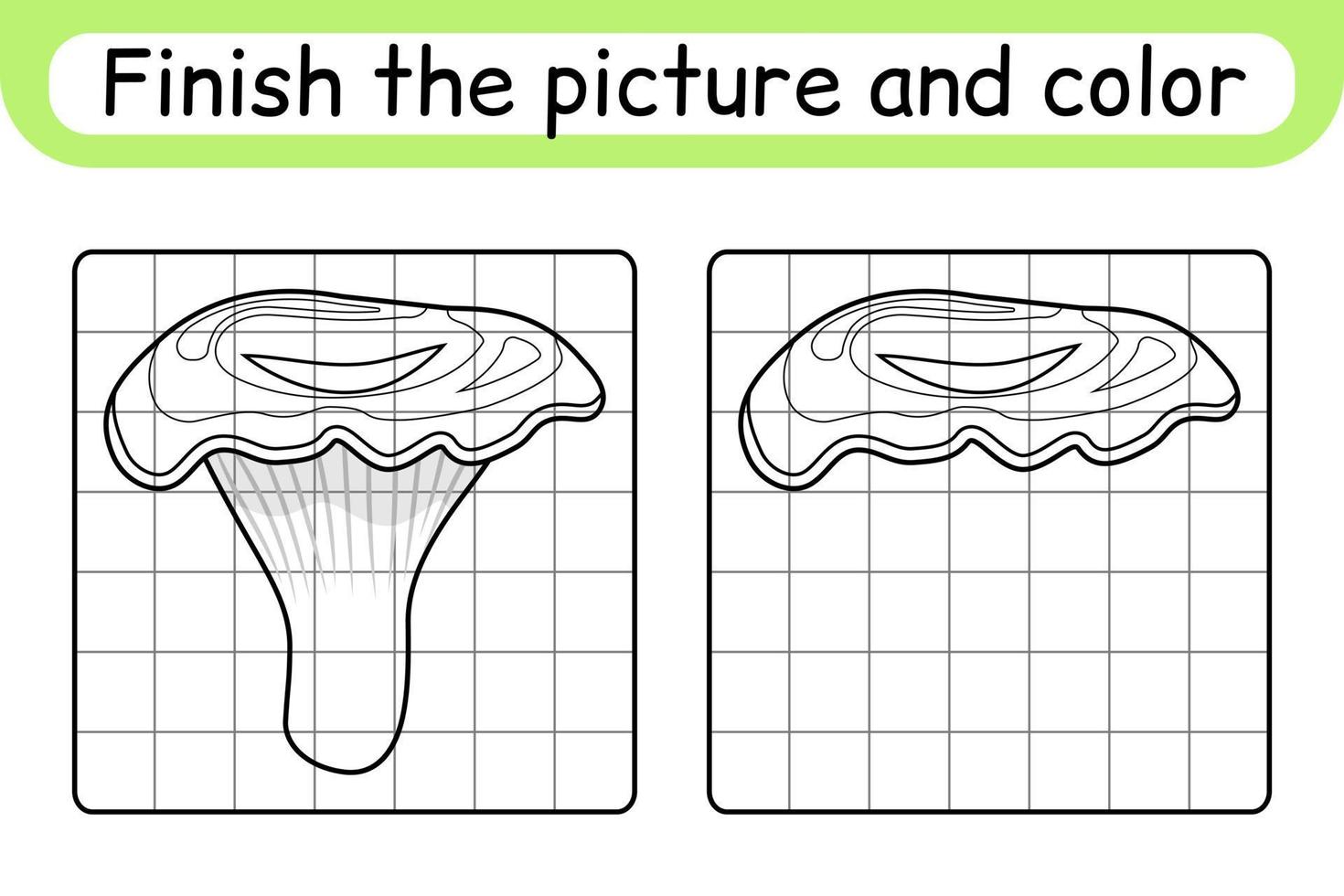 Complete the picture mushroom chanterelle. Copy the picture and color. Finish the image. Coloring book. Educational drawing exercise game for children vector