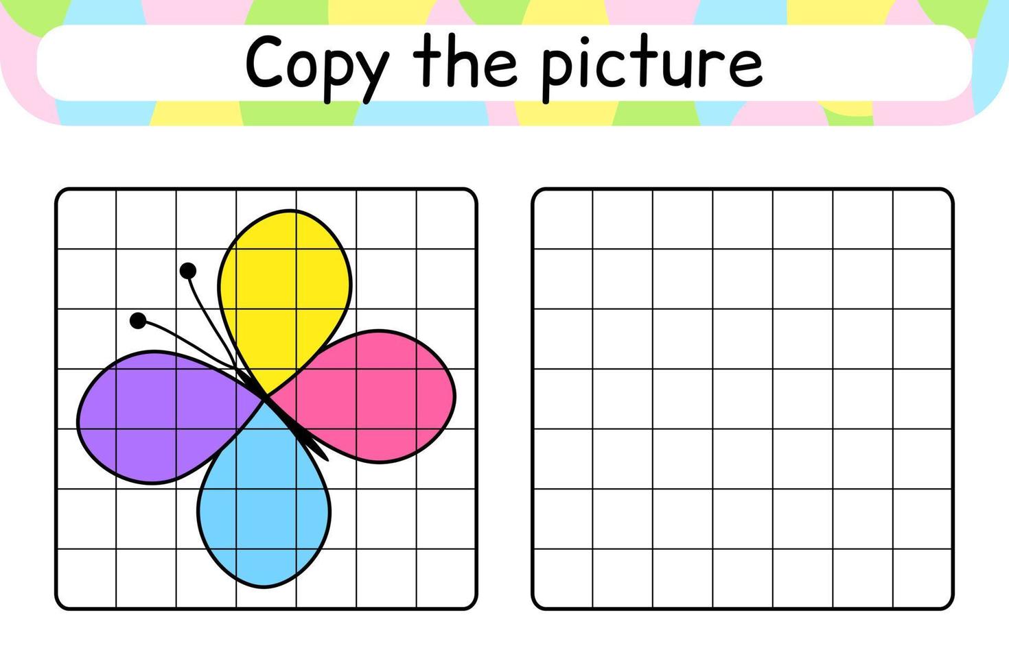 Copy the picture and color butterfly. Complete the picture. Finish the image. Coloring book. Educational drawing exercise game for children vector