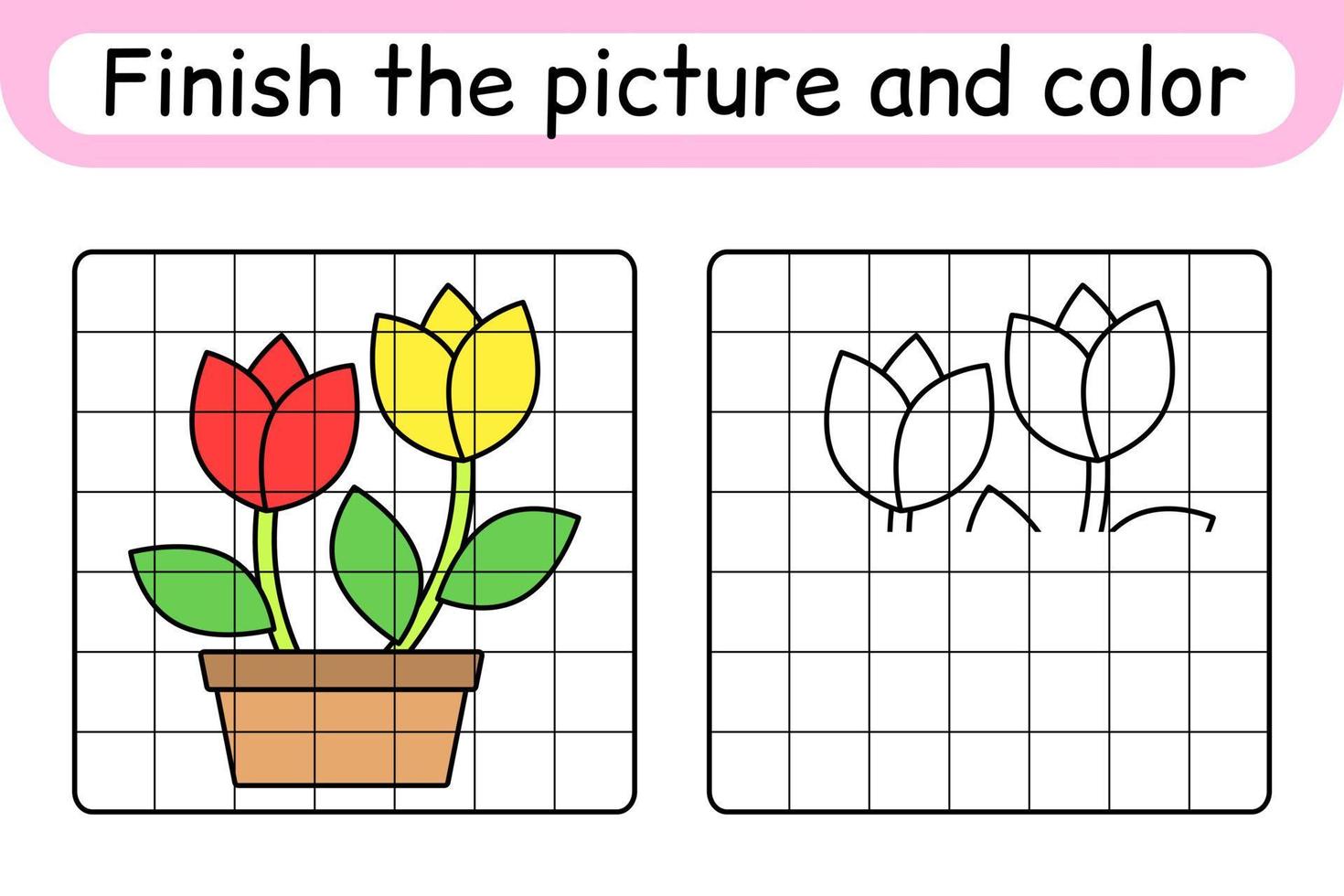 Complete the picture flower tulip. Copy the picture and color. Finish the image. Coloring book. Educational drawing exercise game for children vector