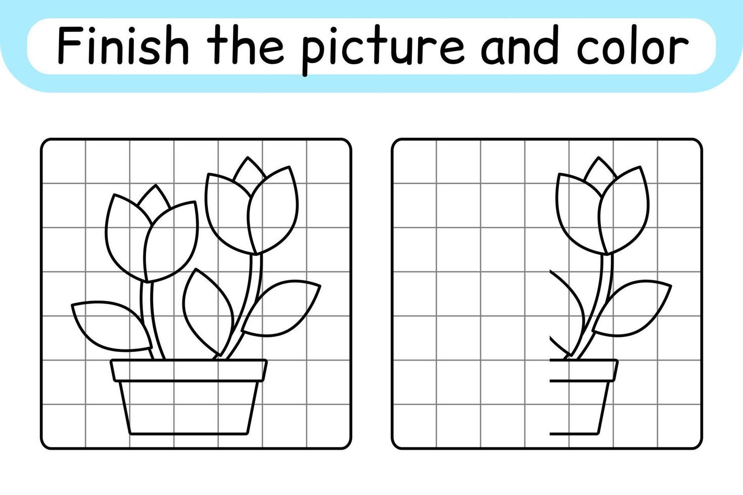 Complete the picture flower tulip. Copy the picture and color. Finish the image. Coloring book. Educational drawing exercise game for children vector