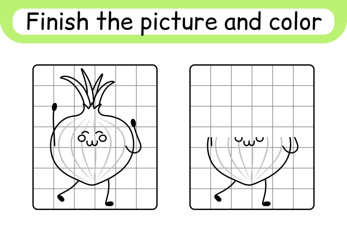Complete the picture onion. Copy the picture and color. Finish the image. Coloring book. Educational drawing exercise game for children vector
