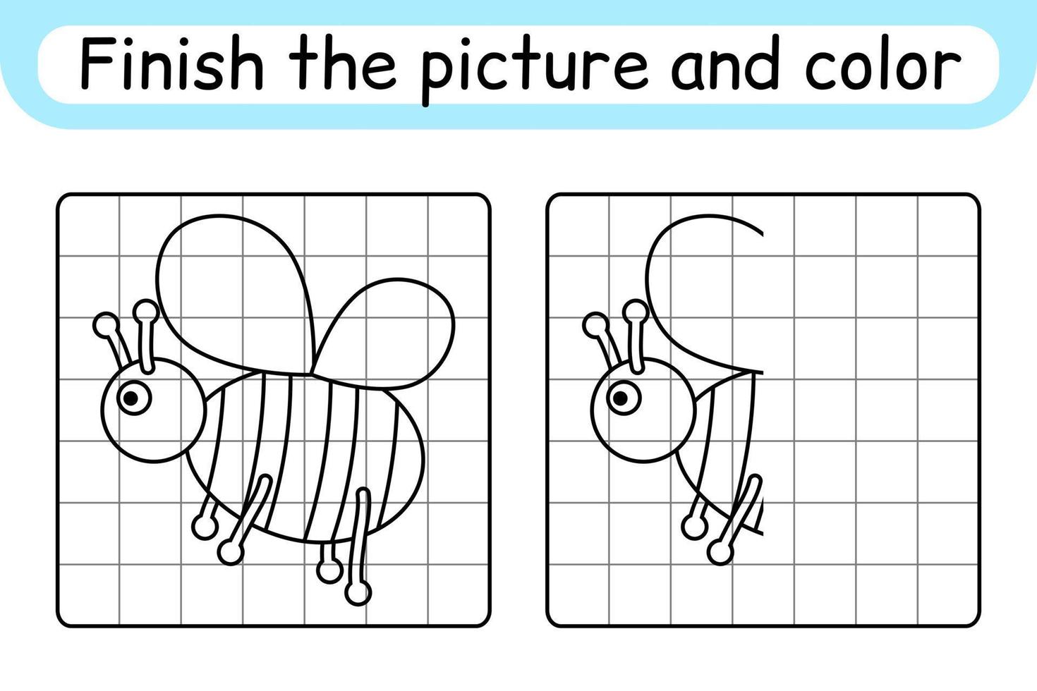 Complete the picture bee. Copy the picture and color. Finish the image. Coloring book. Educational drawing exercise game for children vector