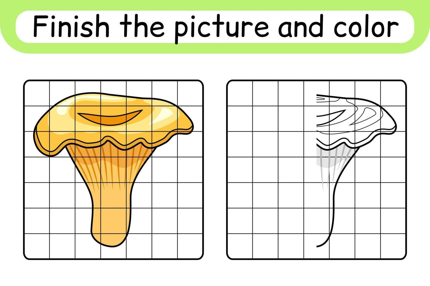 Complete the picture mushroom chanterelle. Copy the picture and color. Finish the image. Coloring book. Educational drawing exercise game for children vector