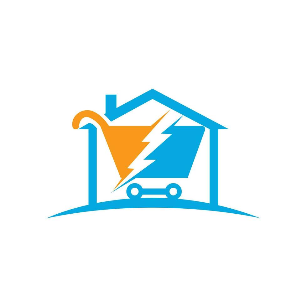 diseño de logotipo vectorial de compras rápidas. carro de la compra con flash y el icono del logotipo de inicio. vector