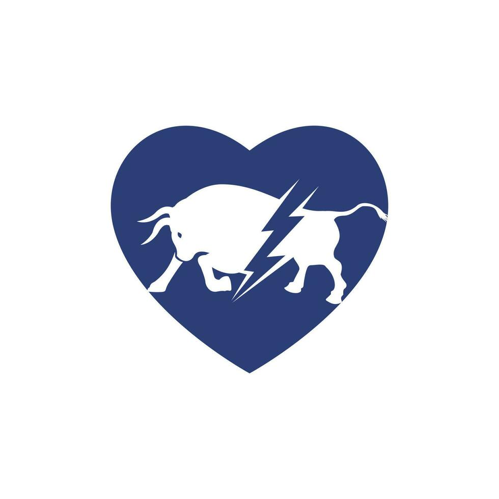 Bull with thunder and heart shape logo design. Flash electric energy in bull. vector