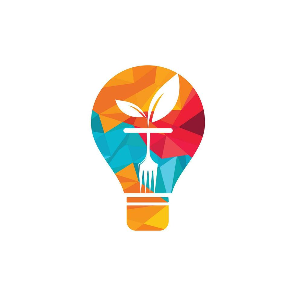 Healthy food idea logo design template. Bulb with leaf and fork icon design. vector