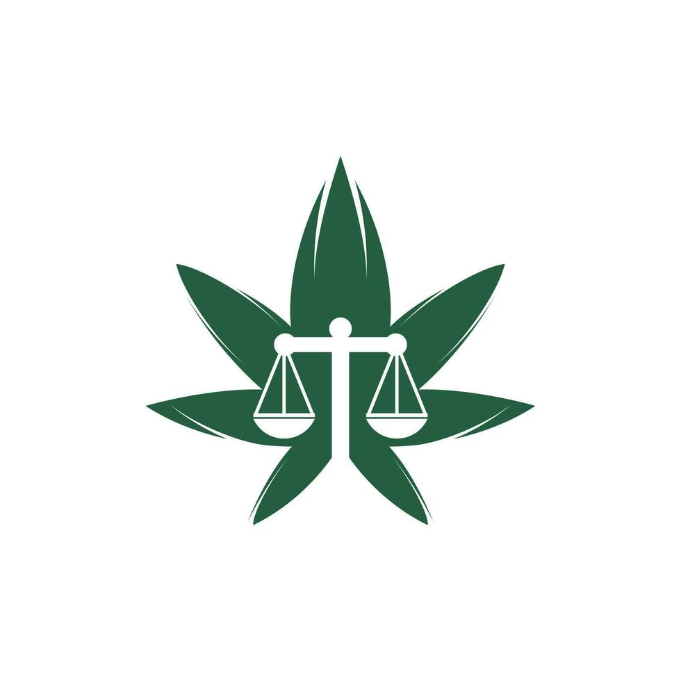 Cannabis law vector logo design. Cannabis marijuana and scale of justice icon vector logo template.