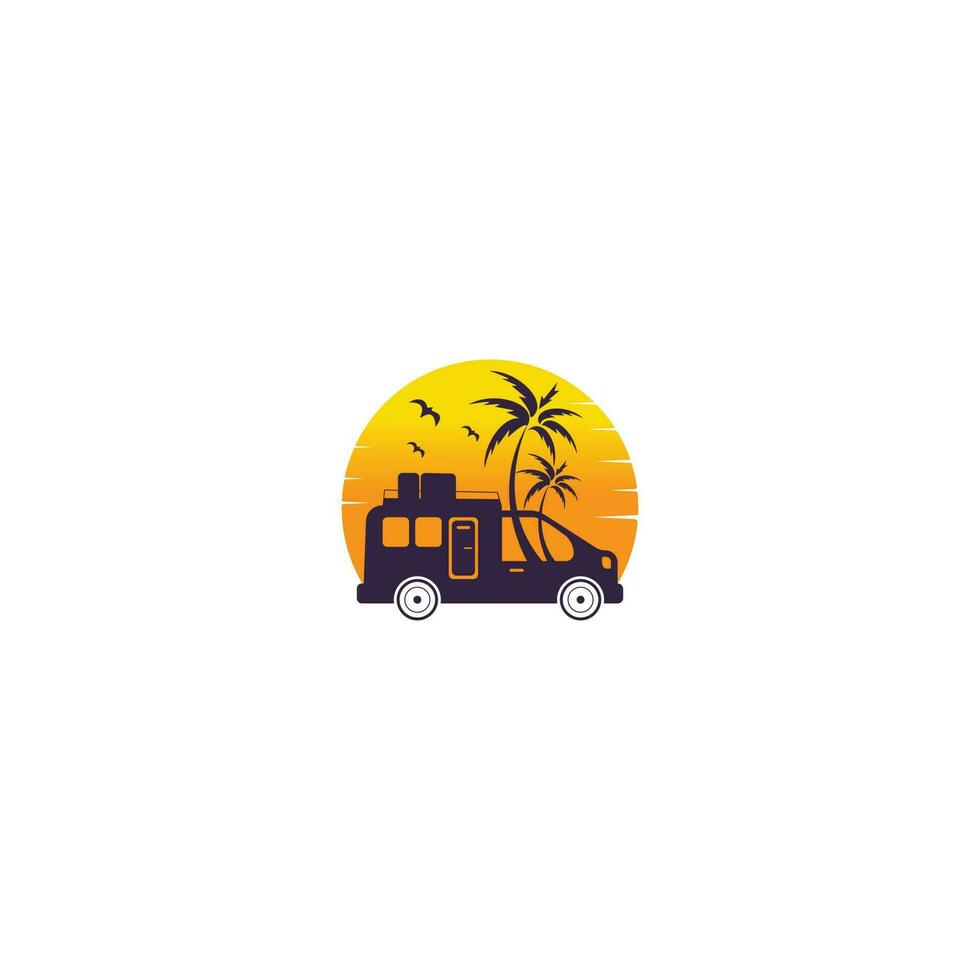 Camper van palm trees and sun vector logo design. Camper van on beach icon.