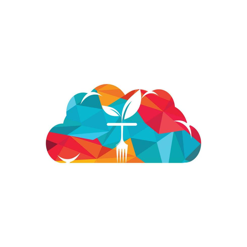 Healthy food logo template. Cloud with fork and leaf symbol. vector