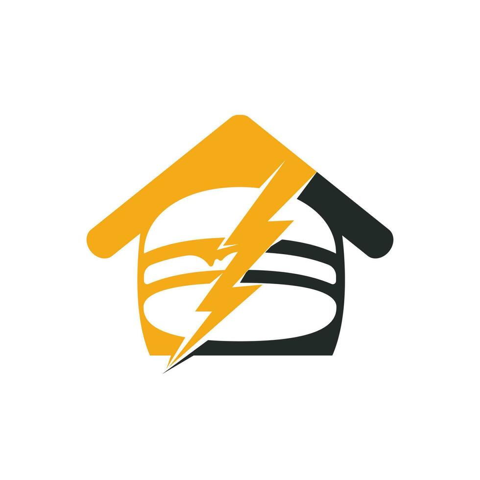 Flash burger vector logo design. Burger with thunderstorm and home icon logo.