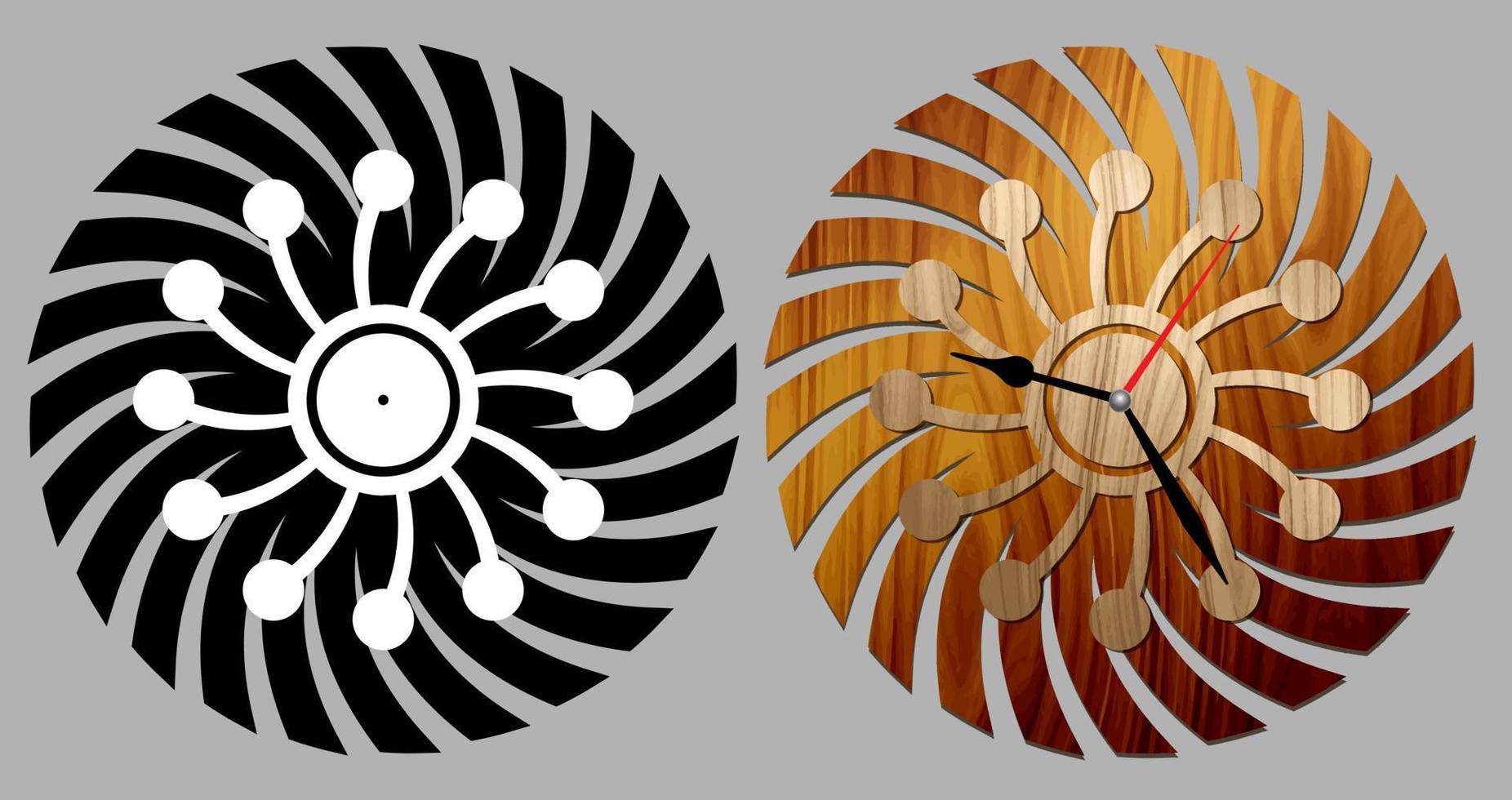 Reloj de pared espiral artístico de dos capas. decoración para el hogar o la oficina. plantilla para corte por láser de madera, placa de metal o acrílico vector