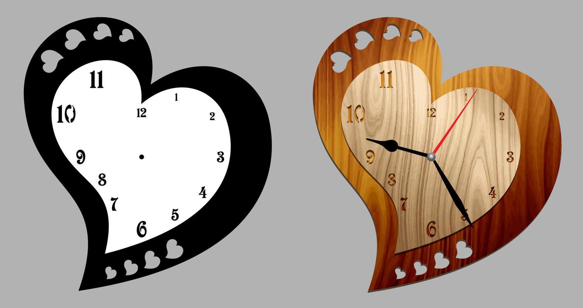 Two layers hearts wall clock. Decoration for home or office. Template for wood, metal plate or acrylic laser cutting vector