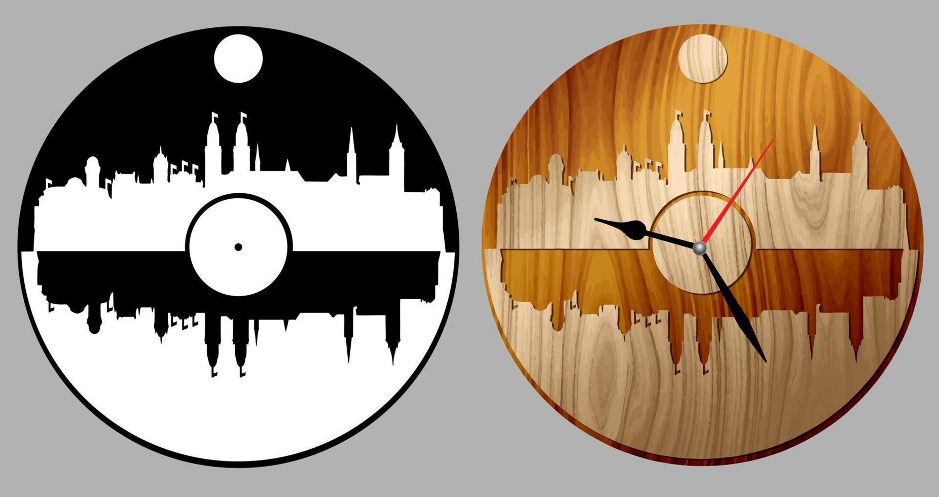 Two layers decorative mirror reflection cityscape design wall clock. Decoration for home or office. Template for wood, metal plate or acrylic laser cutting vector