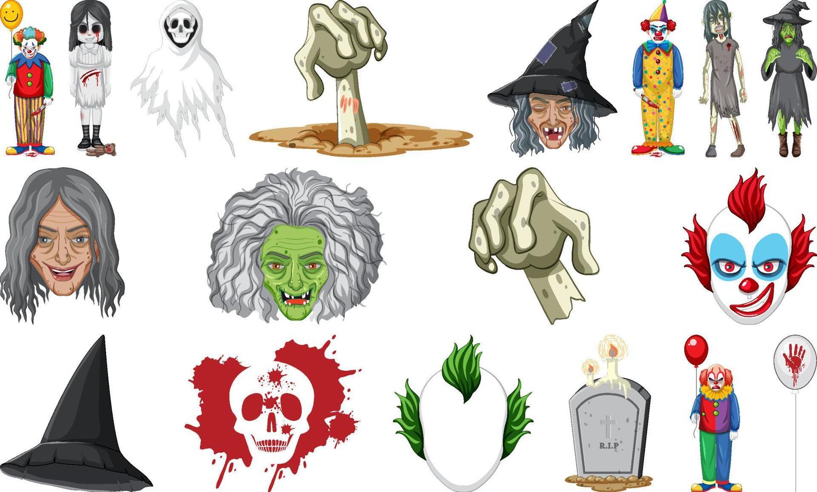 conjunto de objetos de terror de halloween y personajes de dibujos animados vector