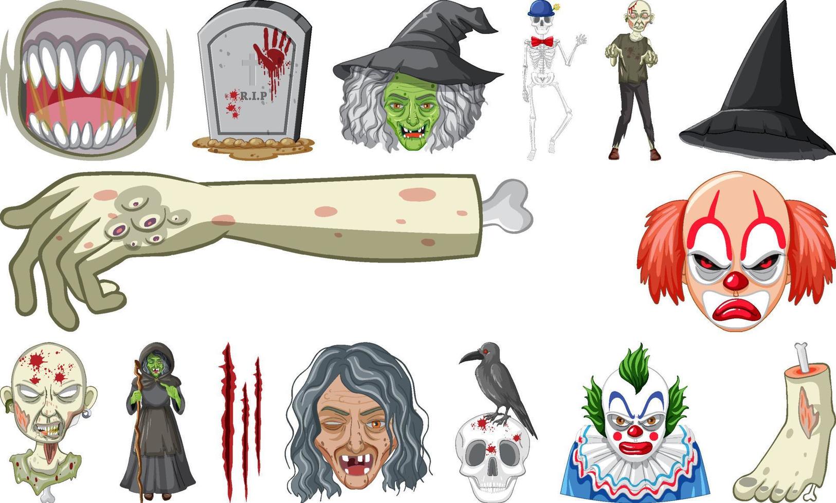 conjunto de objetos de terror de halloween y personajes de dibujos animados vector