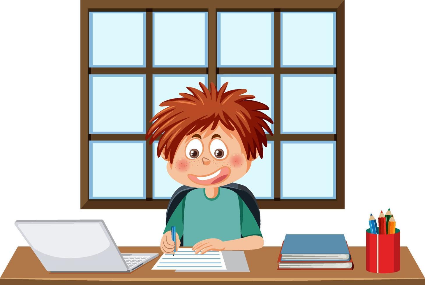 A boy sitting in front of laptop vector