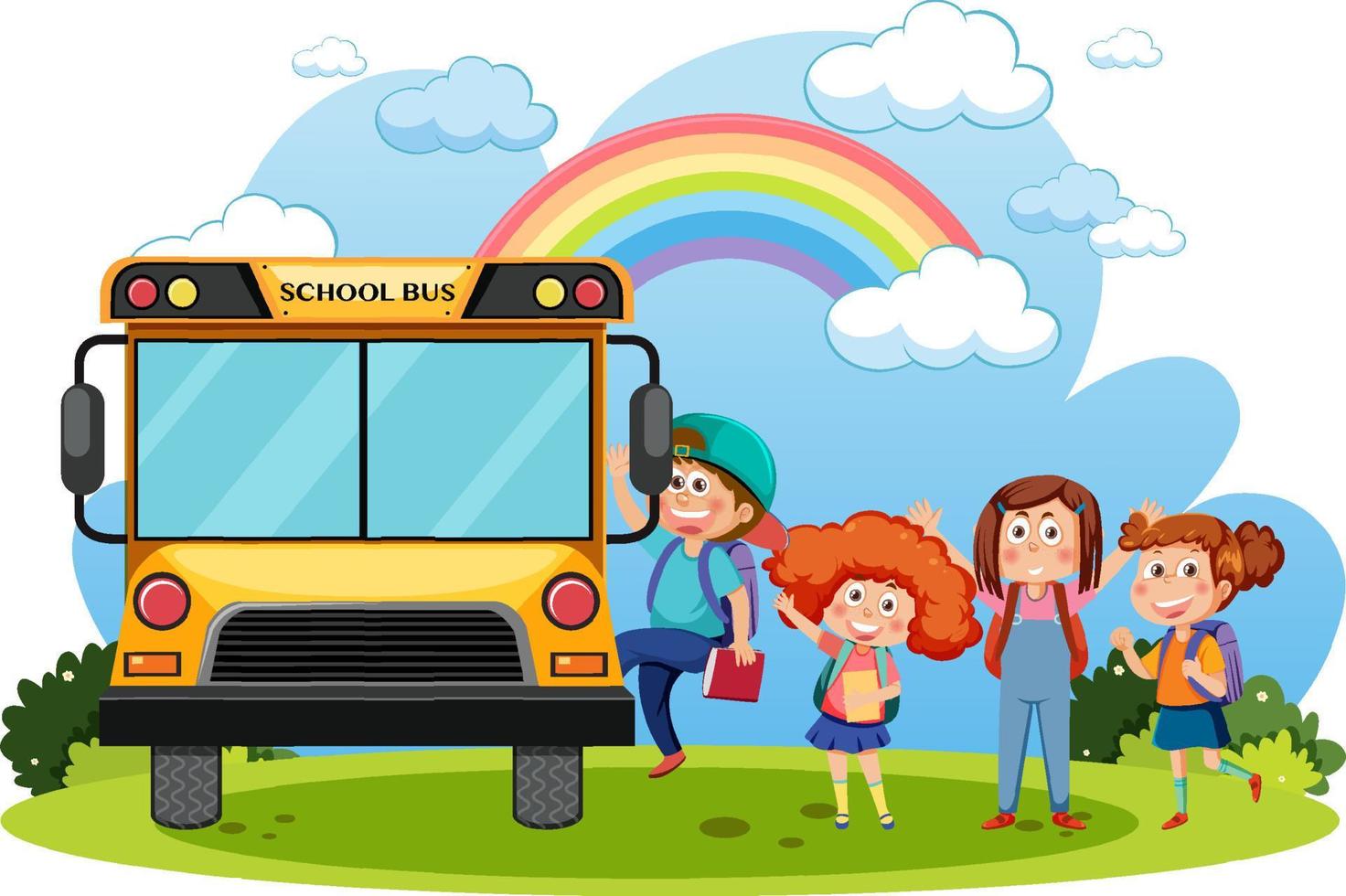 autobús escolar con dibujos animados de estudiantes vector