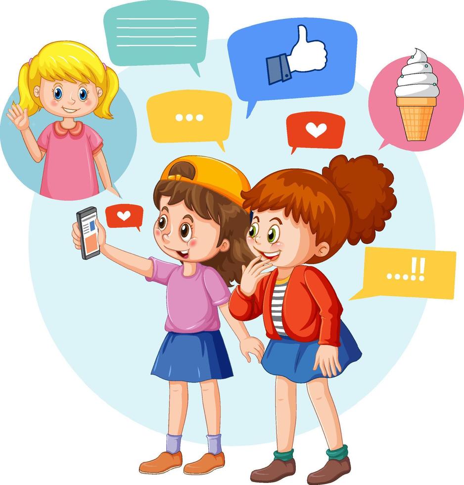 Two girls using smartphone for online learning vector