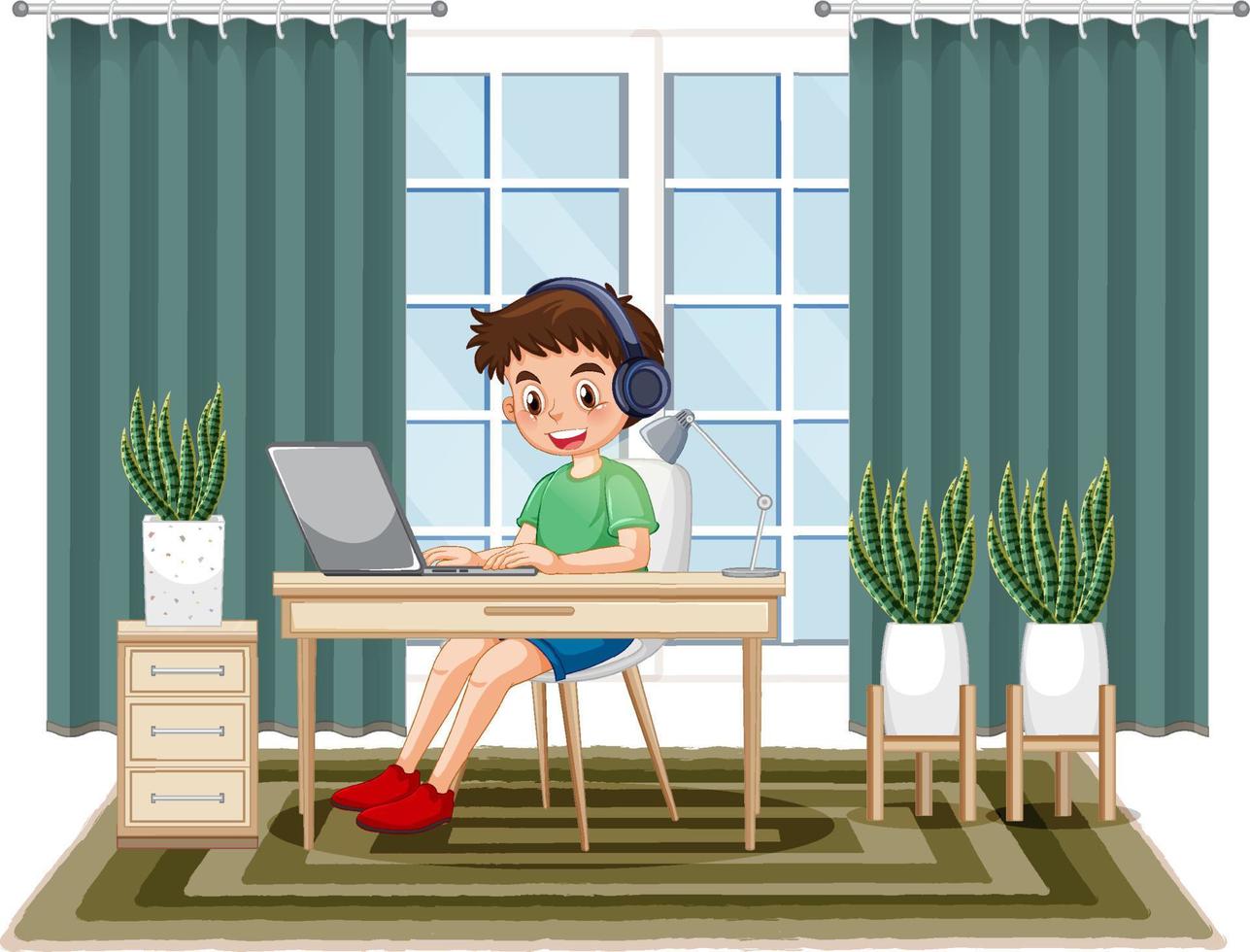 A boy studying online at home vector