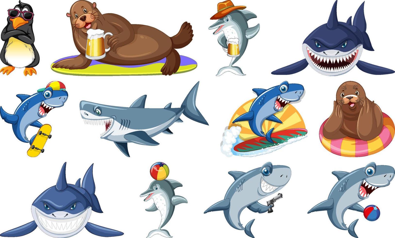 Set of various sea animals cartoon characters vector