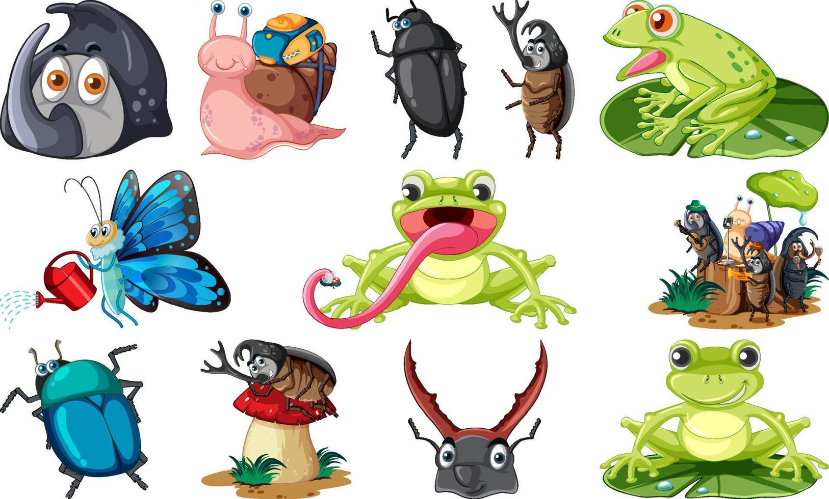 conjunto de varios dibujos animados de insectos y anfibios vector