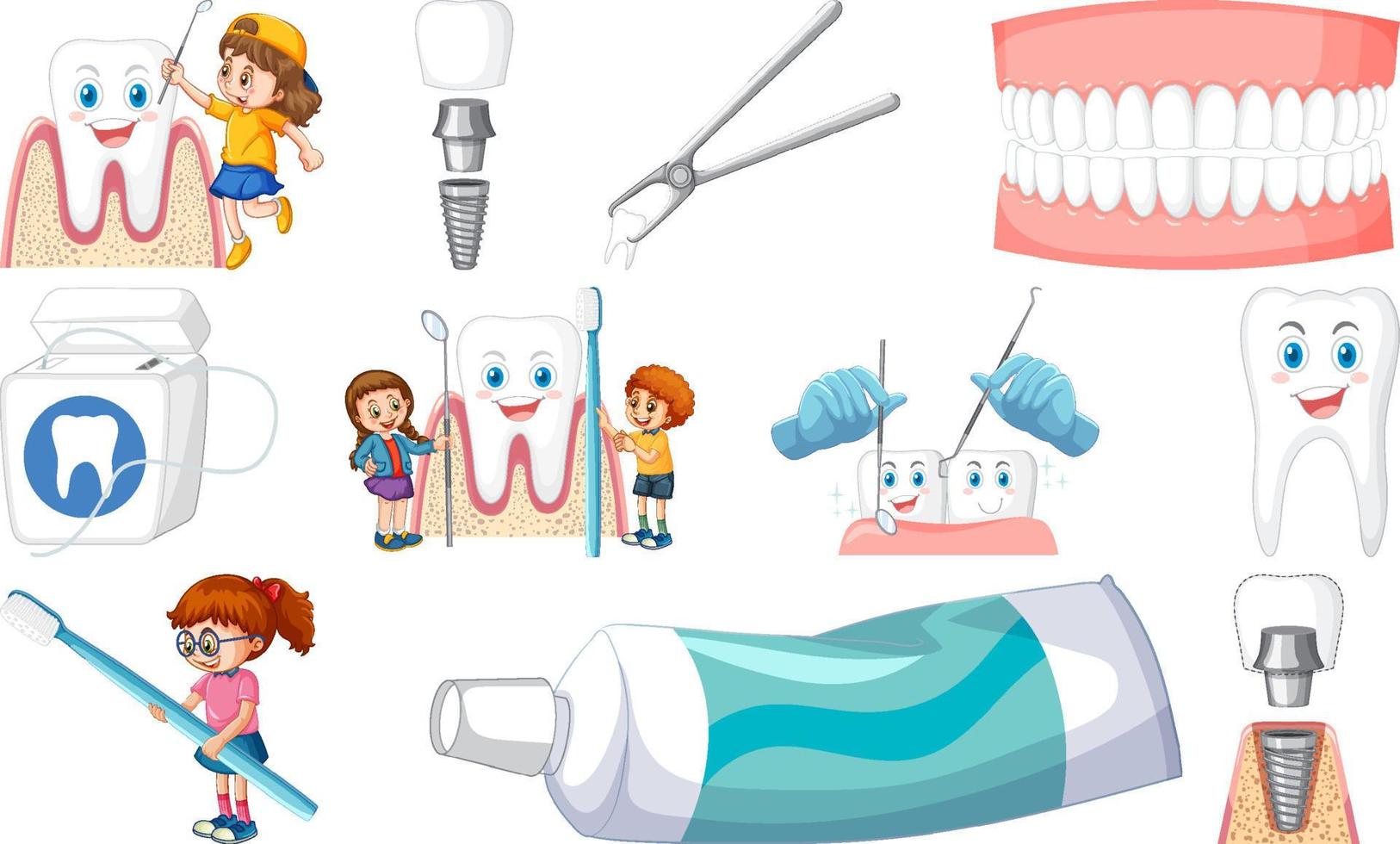 Set of dental equipments and cartoon characters vector