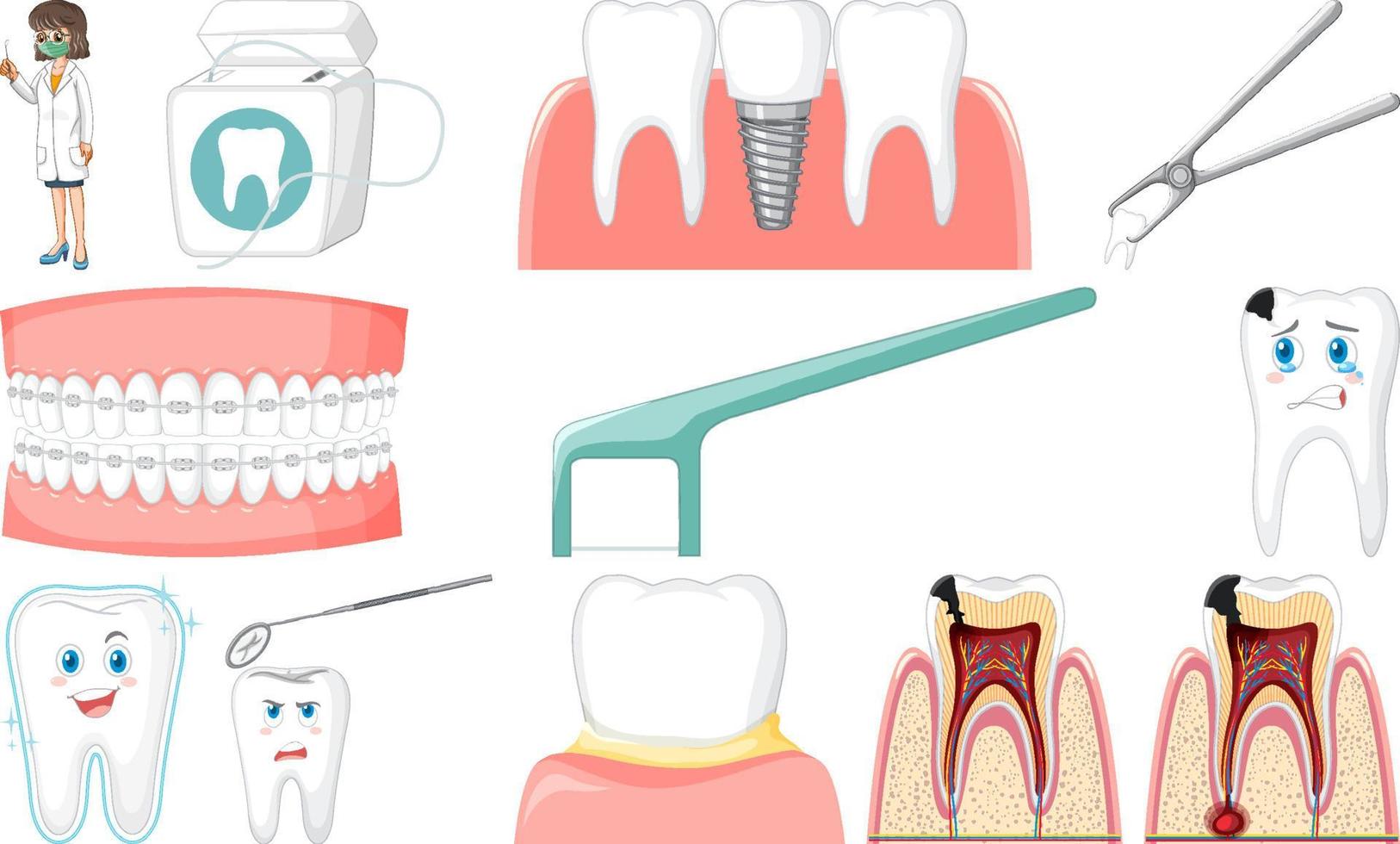 Set of dental equipments and cartoon characters vector