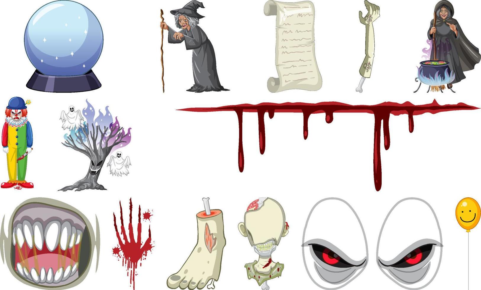 conjunto de objetos de terror de halloween y personajes de dibujos animados vector