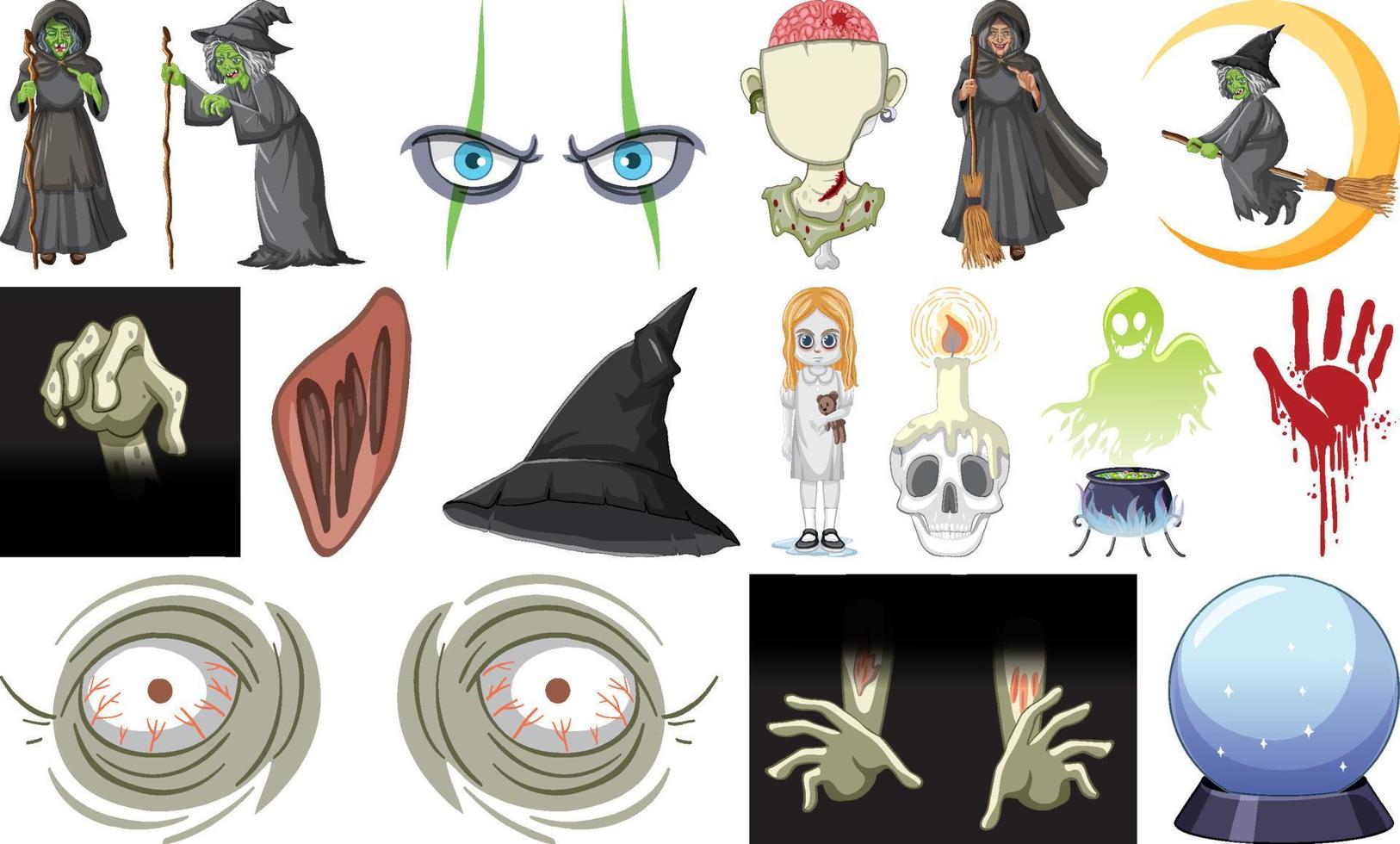 Set of horror halloween objects and cartoon characters vector