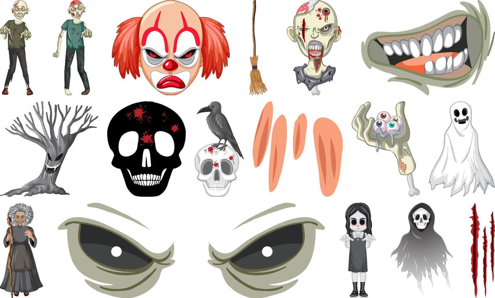 Set of horror halloween objects and cartoon characters vector