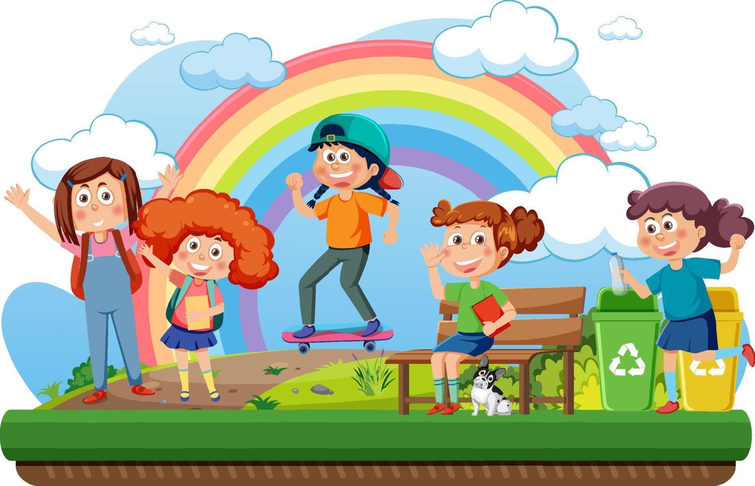 Happy children with rainbow in the sky vector