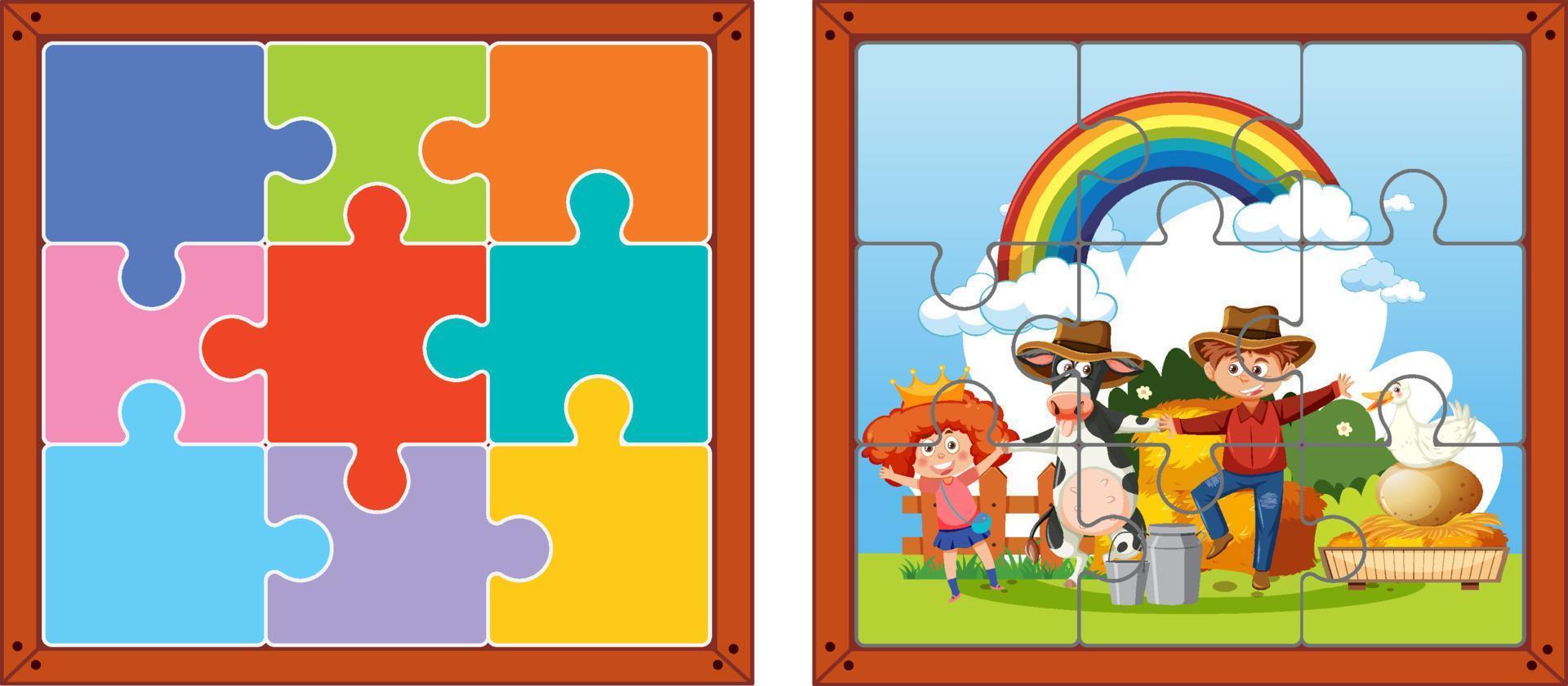 Farm characters photo puzzle game template vector