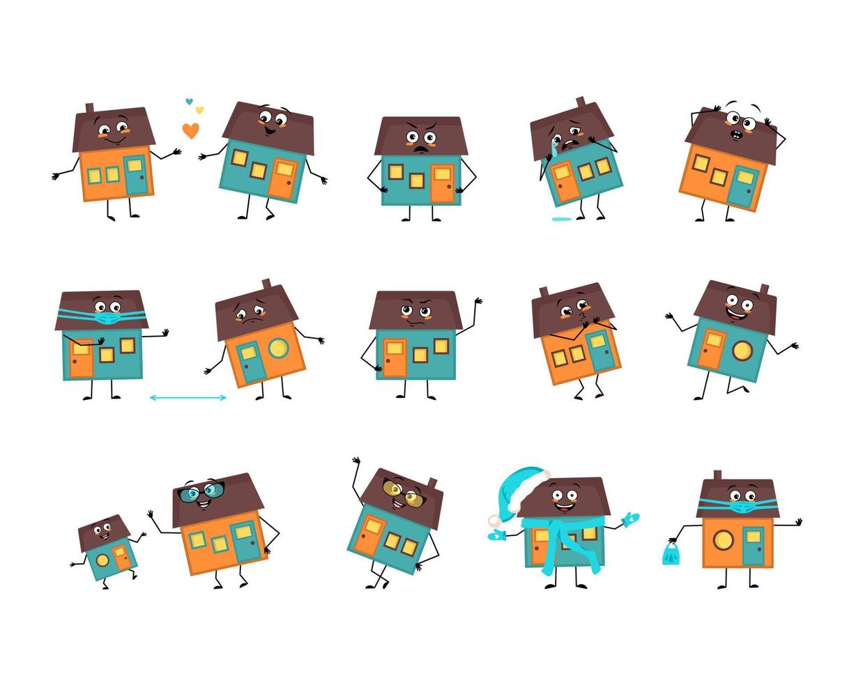 Set of cute house character with happy or sad emotions, panic, loving or brave face, hands and legs. Building man person of cottage with mask, glasses or hat vector