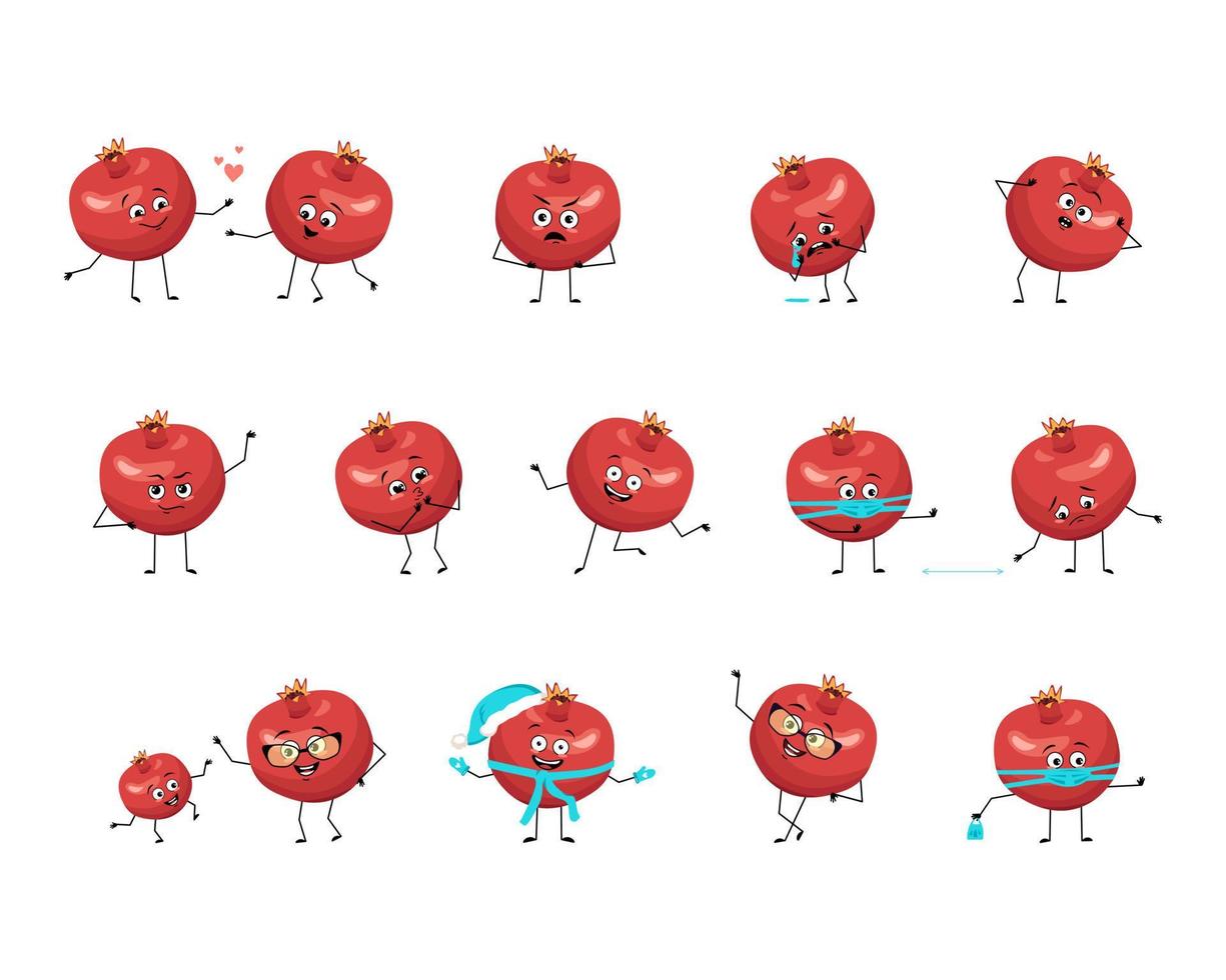 Pomegranate character with happy or sad emotions, panic, loving or brave face, hands and legs. Cheerful red exotic fruit, tropical person with mask, glasses or hat. Vector flat illustration