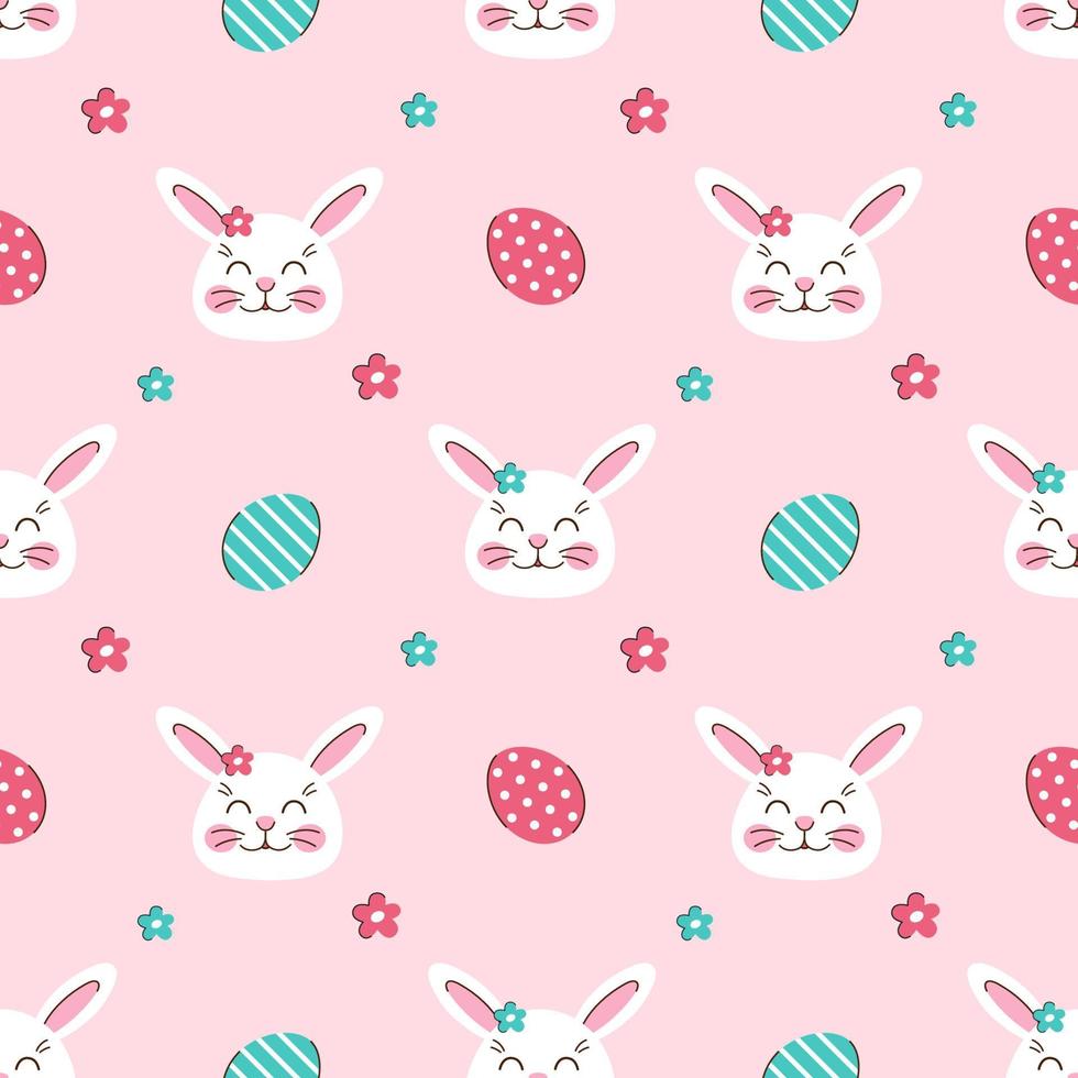 Seamless pattern cute easter rabbits with eggs and flowers on pink background. White happy bunny. Children vector illustration for fabric, textile, wallpaper