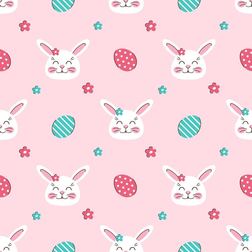 patrones sin fisuras lindos conejos de pascua con huevos y flores sobre fondo rosa. conejito blanco feliz. ilustración vectorial infantil para tela, textil, papel pintado vector