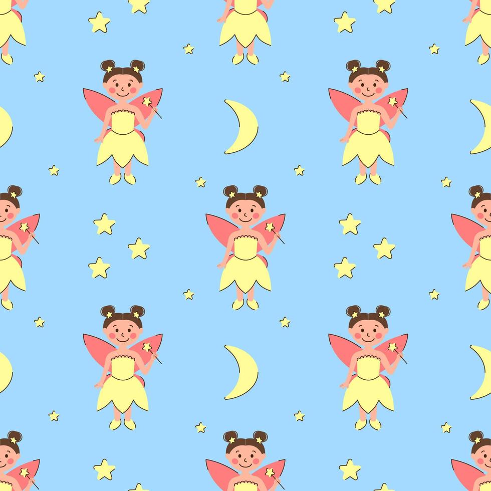 hada linda de patrones sin fisuras con luna y estrellas sobre fondo azul. hada con una varita mágica. niños, niña ilustración vectorial para tela, textil, papel pintado vector