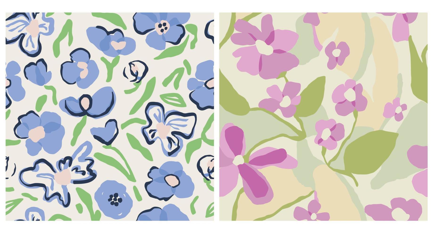 Vector pastel color flower illustration seamless repeat pattern 2 design set