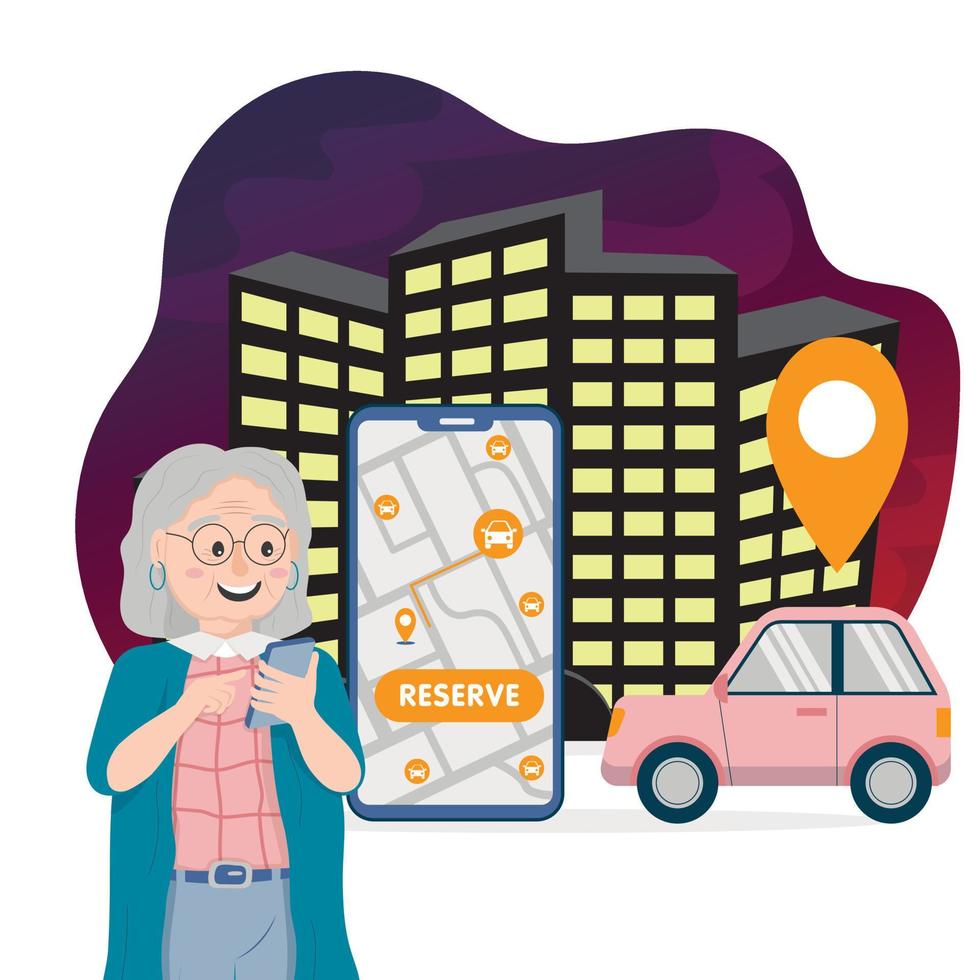 una anciana reserva un automóvil en una aplicación para compartir automóviles con el telón de fondo de los rascacielos de la ciudad nocturna, un gran teléfono inteligente con un mapa de la ubicación de los automóviles gratuitos vector