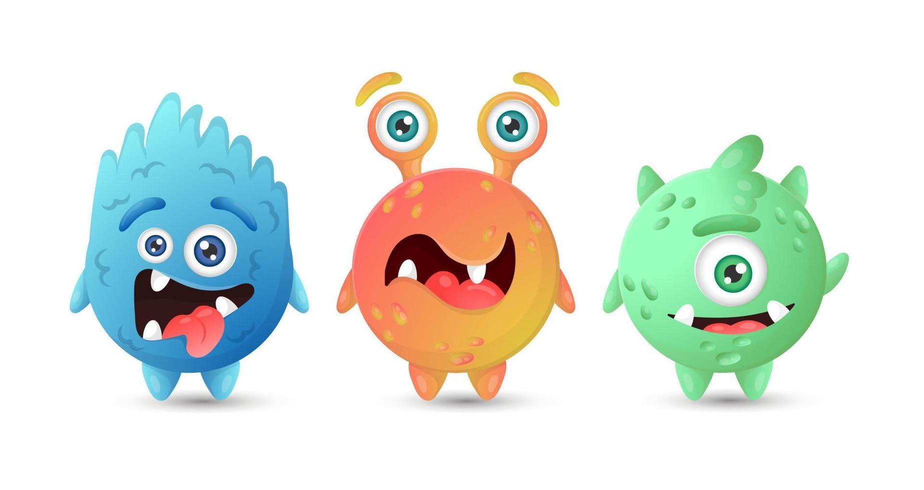 Collection of multicolored round funny monsters. Blue, orange, green aliens vector