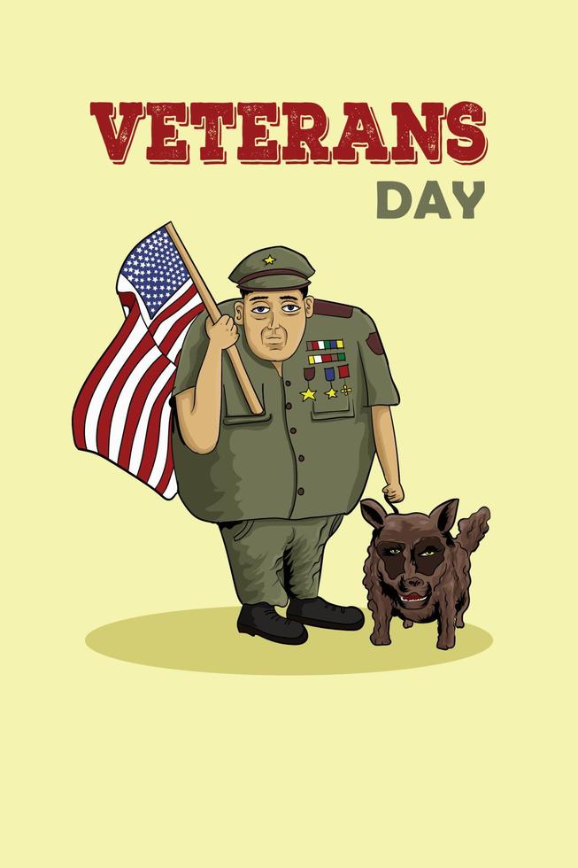 soldado del día de los veteranos con perro y bandera americana ilustración de dibujos animados vector